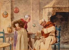 Virgilio Colombo (Italian, 1878-1929) Interior scene with a monk and elderly lady, watercolour,