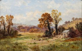 Alfred Bevan Collier (British, 1832-1908) Landscape view with a farmstead and chickens,