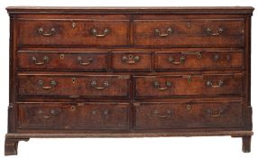 A George III oak and walnut crossbanded mule chest,