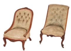 Two Victorian carved walnut and button upholstered nursing chairs,