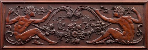 A carved mahogany figural relief panel in Arts and Crafts style,