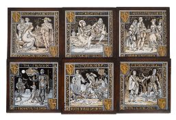 Six Minton tiles designed by John Moyr Smith and transfer decorated with scenes from Sir Walter