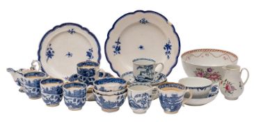 A group of 18th century English blue and white wares including tea and coffee cups, saucers, plates,