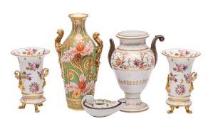 A pair of early 19th century vases in Swansea style and three other items the vases with flared