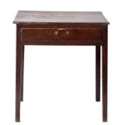A George III oak side table, circa 1770; the rectangular top above a drawer to the front,