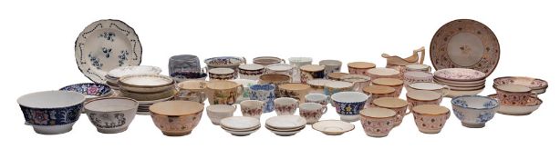 A mixed group of English tea wares, including Spode, Derby, pink lustre and others,