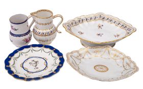 Five pieces of Chelsea-Derby and Derby porcelain comprising a Chelsea-Derby lobed plate painted