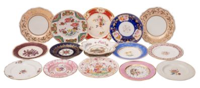 A group of 19th century English porcelain plates and dishes the majority painted with floral