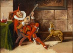 Continental School (19th century) A court jester playing the lute within a castle interior,