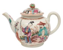 A First Period Worcester teapot and cover of globular form with bud finial,