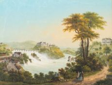 Swiss School (19th century) View of the Rhine Falls with Rheinfall Bridge and Laufen Castle gouache