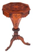 A Victorian walnut and birdseye maple marquetry sewing table,