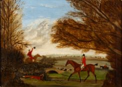 British School, 19th Century Huntsmen, hounds and a fox, oil on canvas, 27 x 37cm.