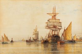 Frederick James Aldridge (British,1850-1933) Shipping on the Thames, watercolour, 49.5 x 75cm.