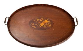 A mahogany and marquetry oval tray in George III style,