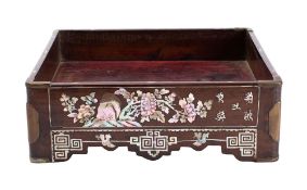 A Vietnamese mother-of-pearl inlaid hardwood tray inlaid with flowering stems,