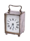 A small silver-plated Edwardian carriage clock the eight-day duration timepiece movement having a
