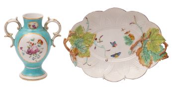 A Chelsea oval honeycomb moulded stand and a Chelsea-Derby two-handled vase the stand with vine