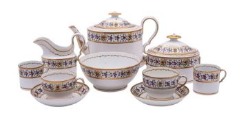 A Spode porcelain tea set, comprising an oval teapot cover and stand, milk jug, sucrier and cover,