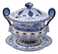 A Staffordshire blue printed 'India Vase Opaque China' pottery tureen,