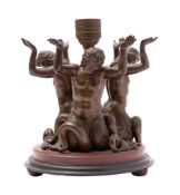 A patinated bronze and marble mounted figural table lamp, in Classical taste,