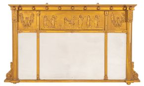 A giltwood and composition framed triptych overmantel mirror in Regency style,