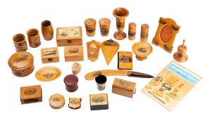 A collection of approx thirty assorted pieces of Mauchline ware, includes napkin rings,