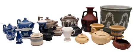 A mixed lot of Wedgwood and other jasper and smear glazed wares including a W.