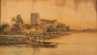 Daniel Sherrin (British, 1868-1940) River scene with a group of figures punting,