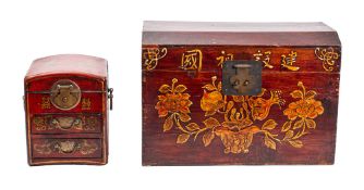 A Japanese red lacquered wood travelling toilet box and a decorated wood small domed trunk the