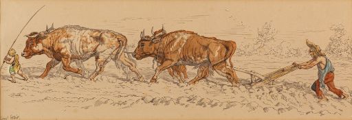 Ernest Henry Griset (French,1844-1907) Ploughing with oxen, pen, ink and watercolour wash, 26 x 74.