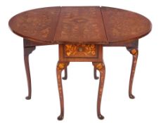 A Dutch walnut and marquetry drop leaf dining table,