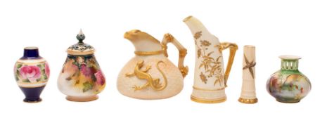 Six pieces of Royal Worcester porcelain comprising;- an ivory ground tusk vase,