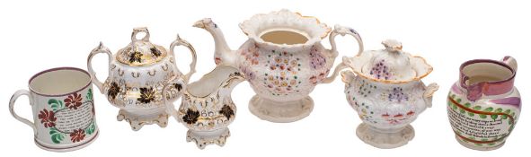 A Sunderland pink lustre jug decorated with a poetic text,