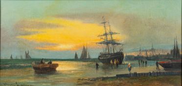 William Langley (British, 1852-1922) A coastal scene, oil on canvas, 19 x 39cm.