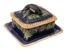 An English majolica sardine dish and cover,