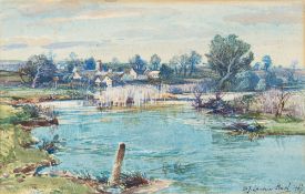 Samuel John Lamorna Birch (British, 1869 -1955) Riverside village, watercolour,