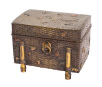 A Japanese patinated metal and lacquer jewellery casket applied with birds and foliage on a basket