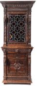 A Victorian oak and stained glass side cabinet,