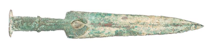 An archaic Persian bronze dagger with ridged blade and crescent guard, 29cm.