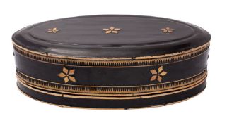 A Burmese black lacquered oval box and cover decorated with flowerhead motifs and diaper borders,