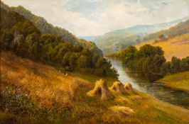 Daniel Sherrin (British, 1868 -1940) Harvesting in the valley, oil on canvas, 49 x 74.