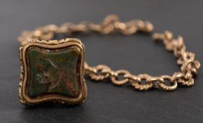 A 9ct gold, fancy-link bracelet and gilt metal bloodstone seal fob,