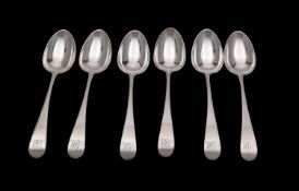 A set of six George III silver dessert spoons, John Lambe, London, 1788, Old English pattern,