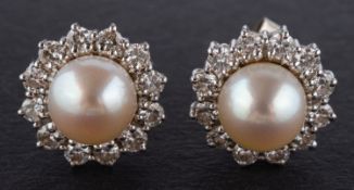 A pair of 18ct gold, cultured pearl and round brilliant-cut diamond cluster ear studs,