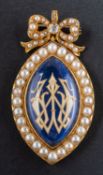 A navette-shaped locket brooch/ pendant, with blue and white enamel ground, mabe pearl surround,