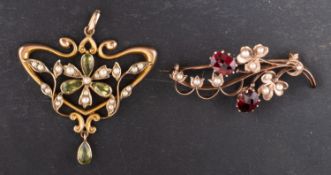 A seed pearl brooch and pendant, including a peridot and seed pearl pendant with floral motif,