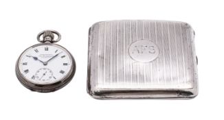 A silver cigarette case Birmingham, 1916, of square form with engine turned line decoration,