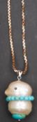 A baroque-shaped, cultured pearl and turquoise pendant, designed as a creature wearing a necklace,