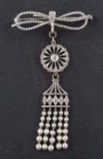 A seed pearl, old and rose-cut diamond bow brooch, with detachable multi-strand pendant,